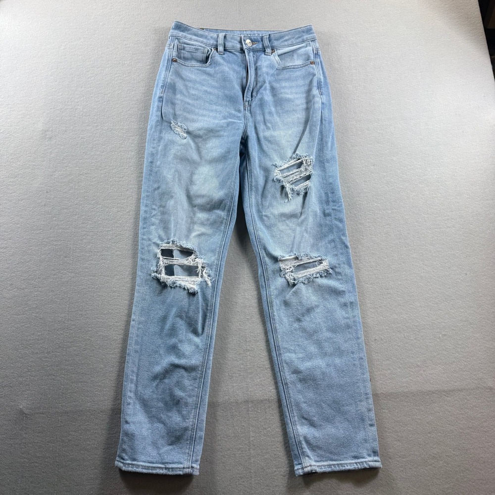 American Eagle Jeans Women Size 2 Blue Distressed High Rise Straight Leg Stretch